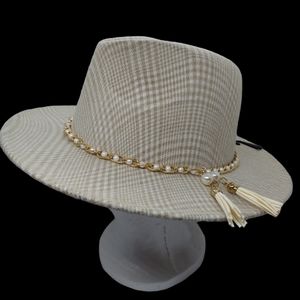 Ophelia Roe Woman's Wide Brim Felt Fedora Hat with Faux Pearl Chain Band NWT